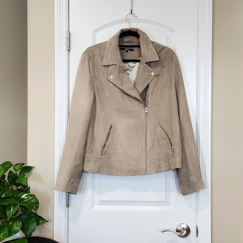 Quince Womens 100% Suede Biker Jacket Zip Pockets Sand Beige Size XL EUC